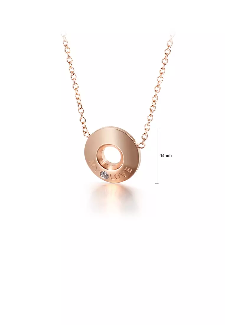 Fashion Simple Plated Rose Gold Geometric Round Love 316L Stainless Steel Pendant with Cubic Zirconia and Necklace
