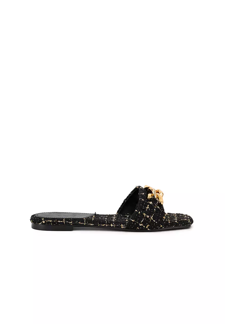Discount on Nose  shoes - SKU: TWEED WITH EMBELLISHED CHAIN FLAT SLIDE