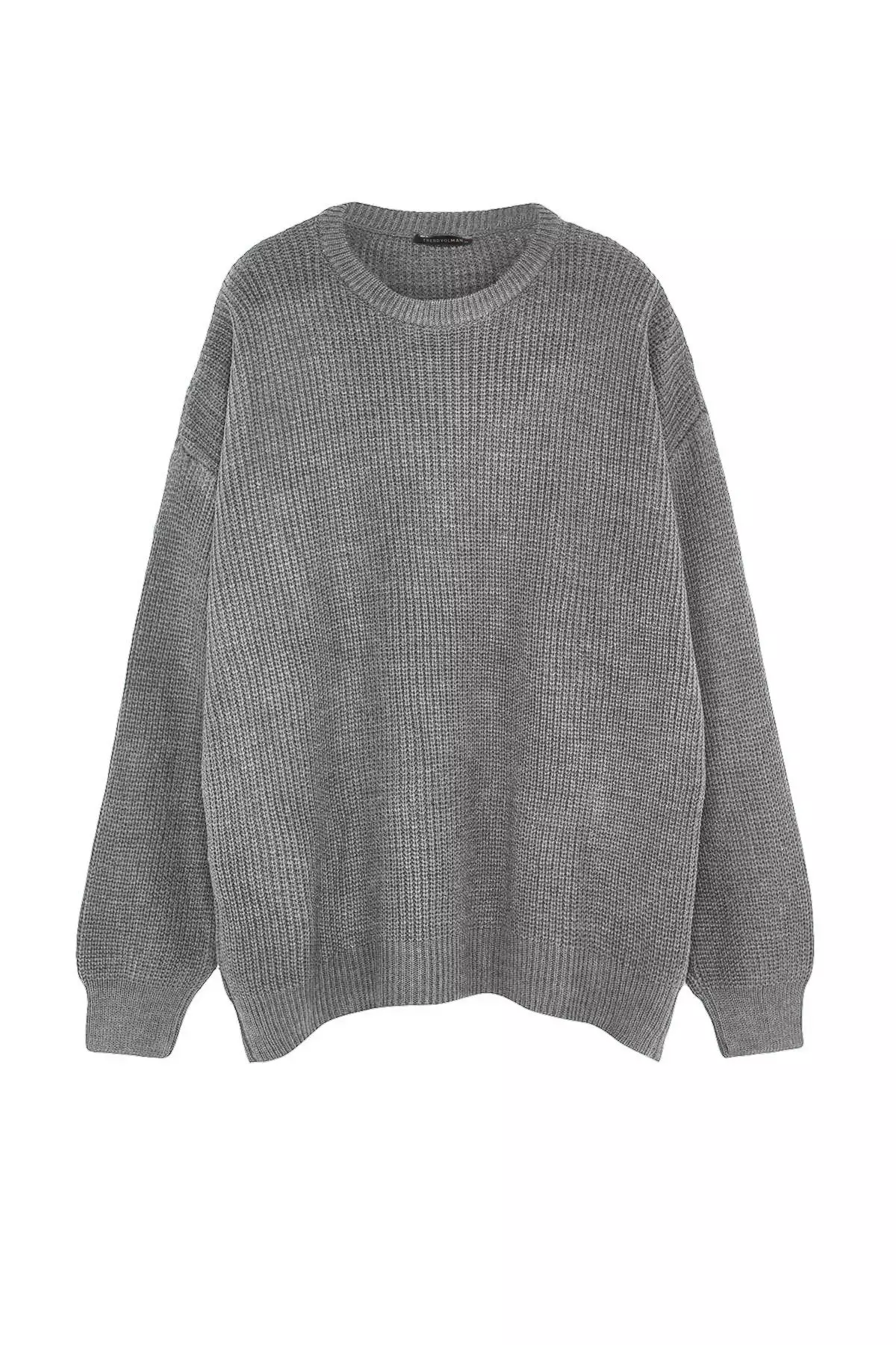 Men's Oversize Gray Knitwear Sweater - Crew Neck, Plus Size Tmnaw24An00001