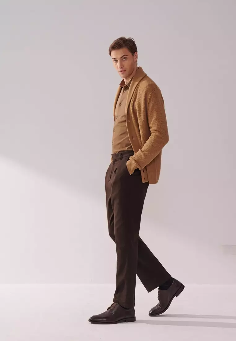 Dark Brown Regular-Fit Stretch Casual Pants