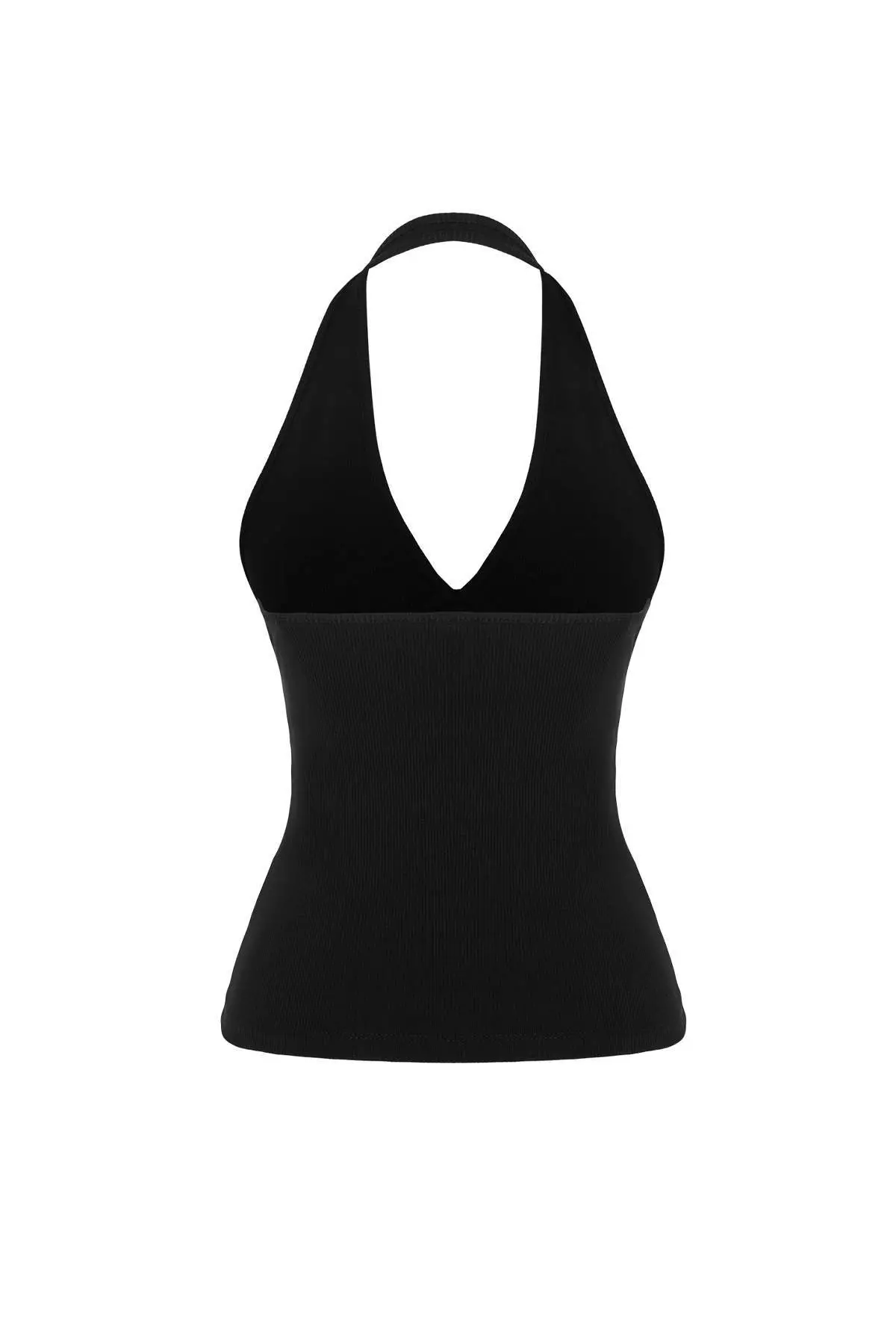Black Fitted/Bodycon Halter Neck Tie-Detail Sleeveless Corded Fabric Stretchy Knitted Blouse Twoss26Bz00763