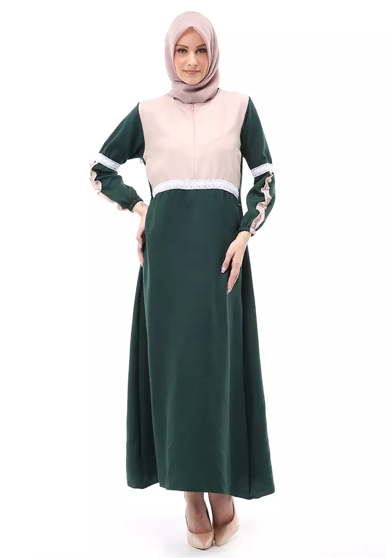 Velicia Gamis Muslimah Wanita Motif Polos Long Sleeve Regular Fit - Hijau Botol