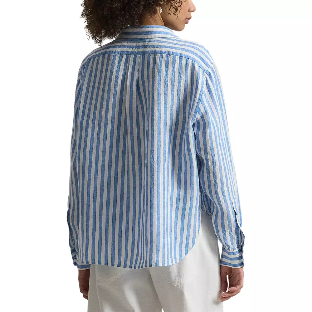 Cropped Striped Wide Linen Shirt Blue White