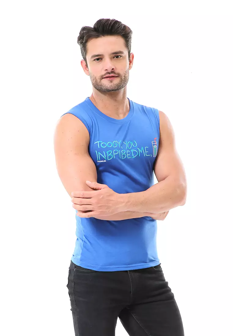 Bobby Atasan Kasual Pria Singlet Motif Toogy You Sleeveless Tshirt Material Cotton ORIGINAL - Blue