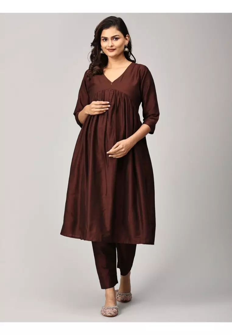 Cozy Cafe Maternity And Nursing Silk Kurta Set - Brown