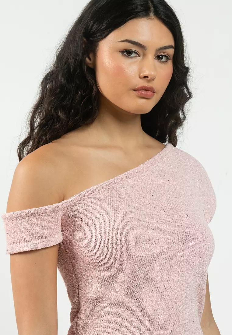 Textured Asym Neck Knit Top