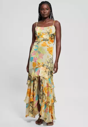 tie shoulder maxi dress White Floral Shoulder Tie Deep V-Neck Tiered Maxi Dress
