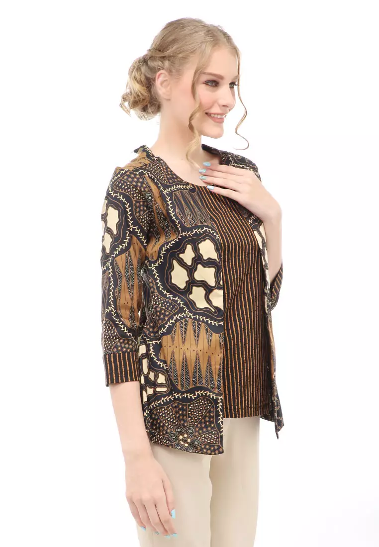 Lynelle Atasan Formal Wanita Blouse Batik Ali Lengan Panjang Material Cotton ORIGINAL - Brown