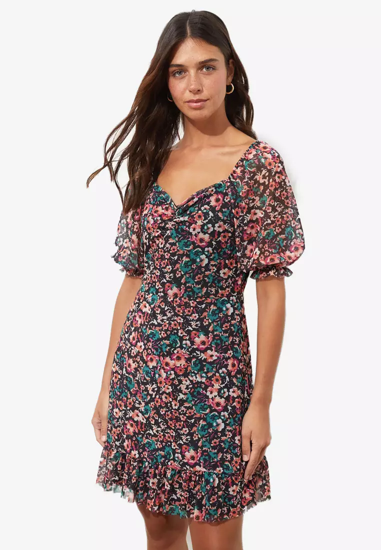 Mixed color puff sleeve off the shoulder dress shop