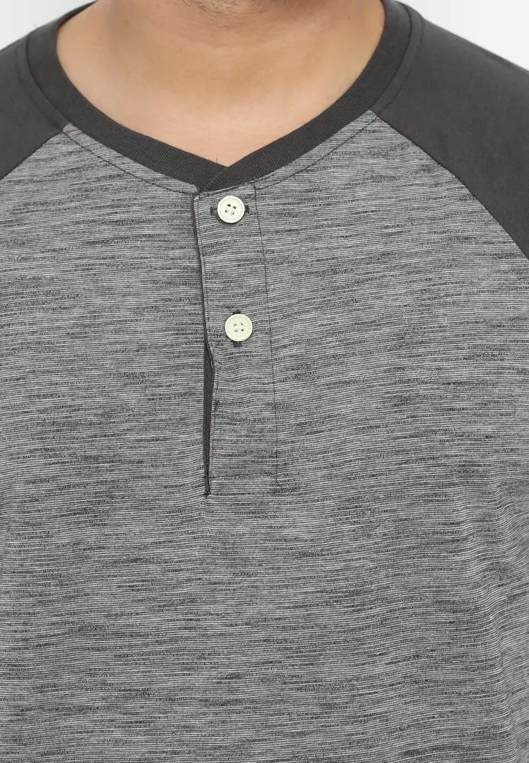 MATSUDA Kaos Pria T Shirt Henley Texture Slub Kawagoe