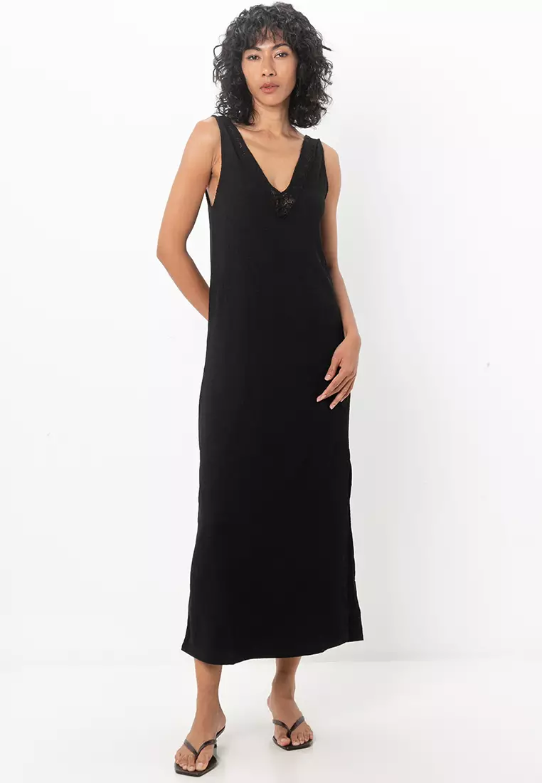knee length dresses for ladies Rent ASOS DESIGN Petite Crochet Bardot Midi Dress In Ditsy And Stripe Mix  Print main image 0
