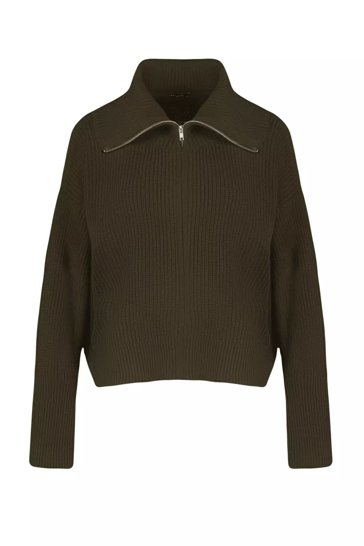 Turn Down Collar Zippered Khaki Knitwear Cardigan Wide Fit