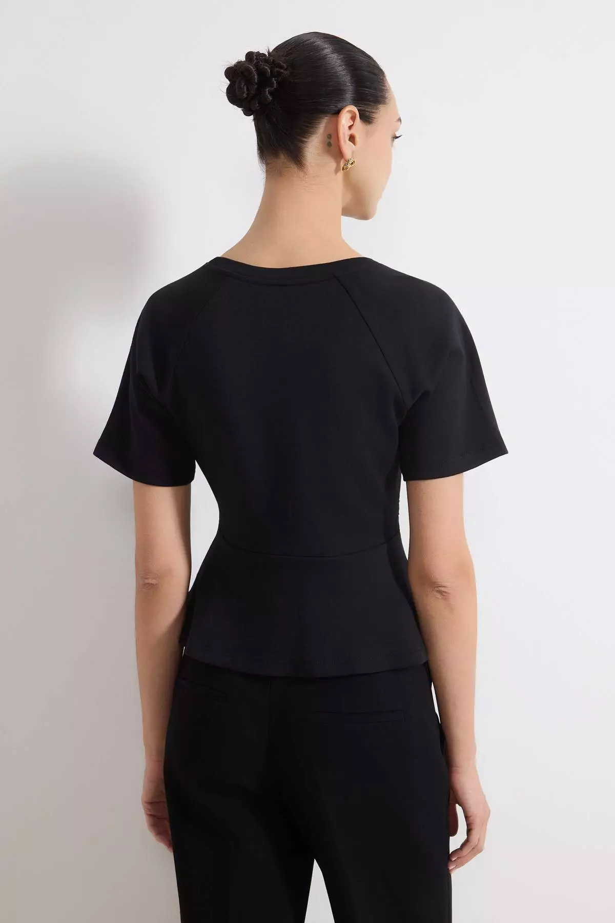 Black Peplum Raglan Sleeve Short Sleeve Accessory Detail Interlock Knitted Blouse Twoss26Bz242