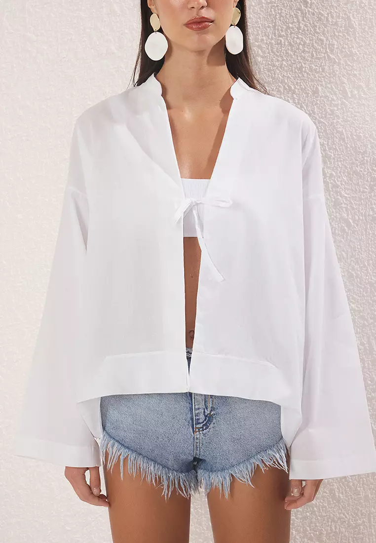 Ecru Woven 100% Cotton Beach Shirt Tbess25Go00026