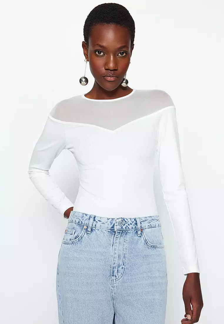 Buy Solid Bodysuit with Mesh Sleeves and Crew Neck