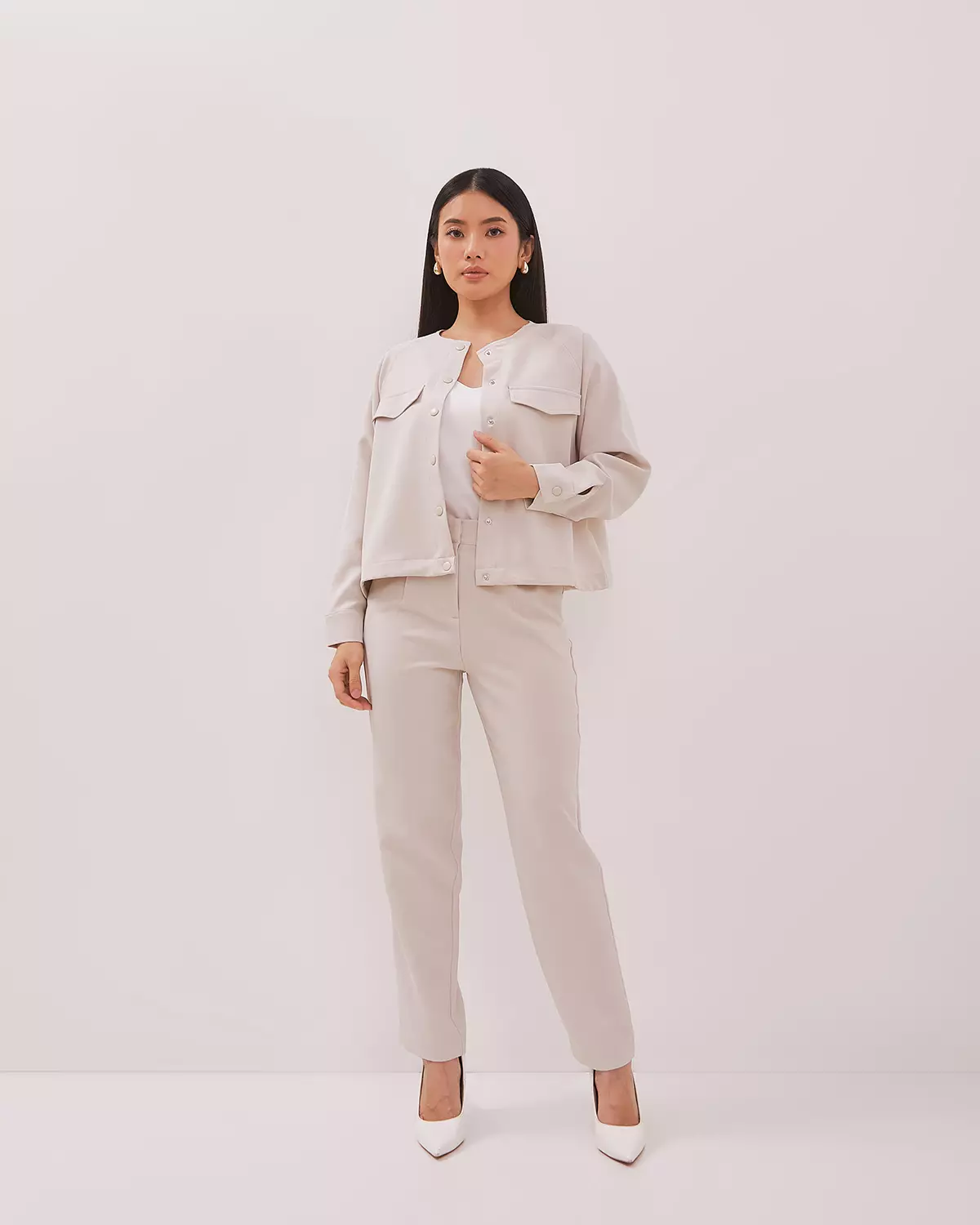 WOMEN'S CREAM CROPPED LONG SLEEVE JACKET