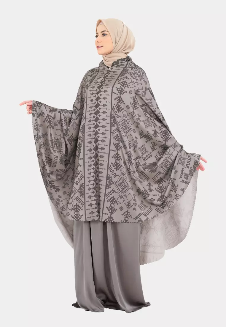 Mukena 2 in 1 Sabiyaa Ethnic Lasercut Silk Premium - Fossil Grey