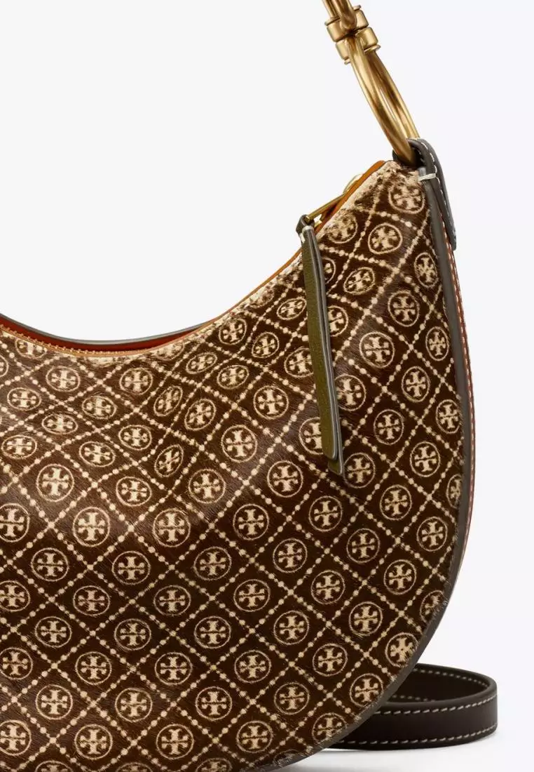 Tory Burch T Monogram Calf Hair Mini Crescent Bag Cold Brew