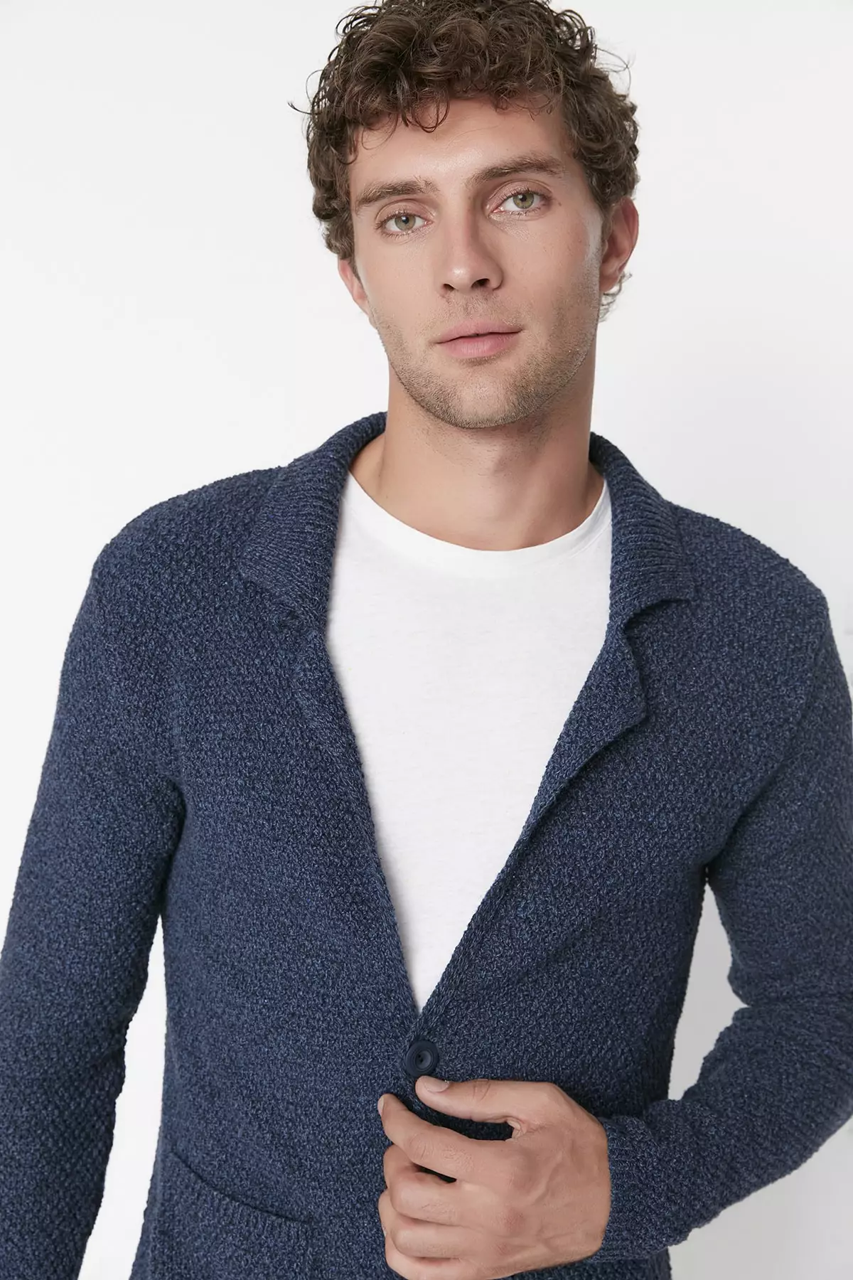 Slim Fit Jacket Collar Textured Pocket Knitwear Cardigan