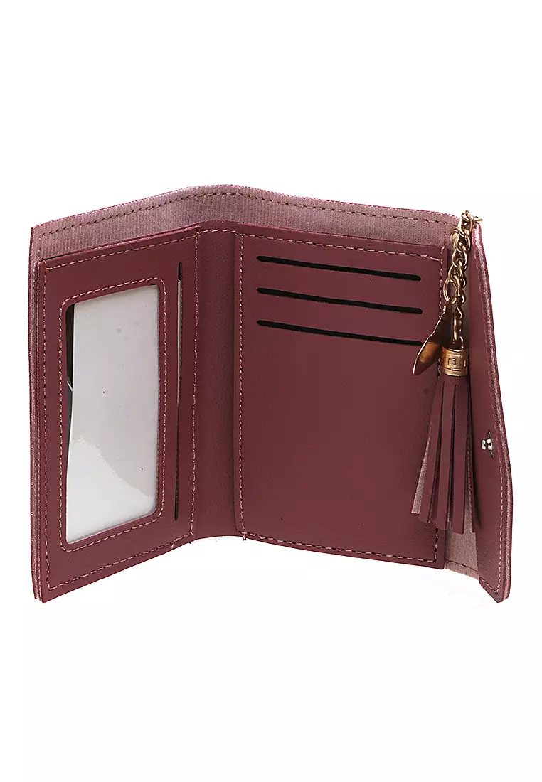 Dompet Wanita Aksen Rumbai Motif Solid Design Pastel Detail Kancing Snap - Pink Tua