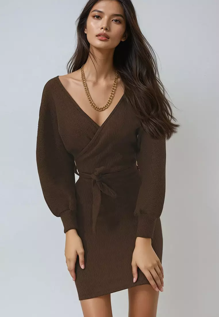 Women's Dark Brown Double-Breasted Batwing Sleeve Waist Belted Camisole Dress Alc-X7623