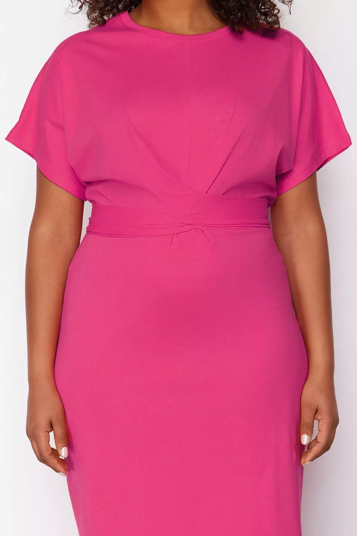Pink Straight Cut Tie Detail With Slits Maxi/Long 100% Cotton Knitted Plus Size Dress Tbbss22El1640