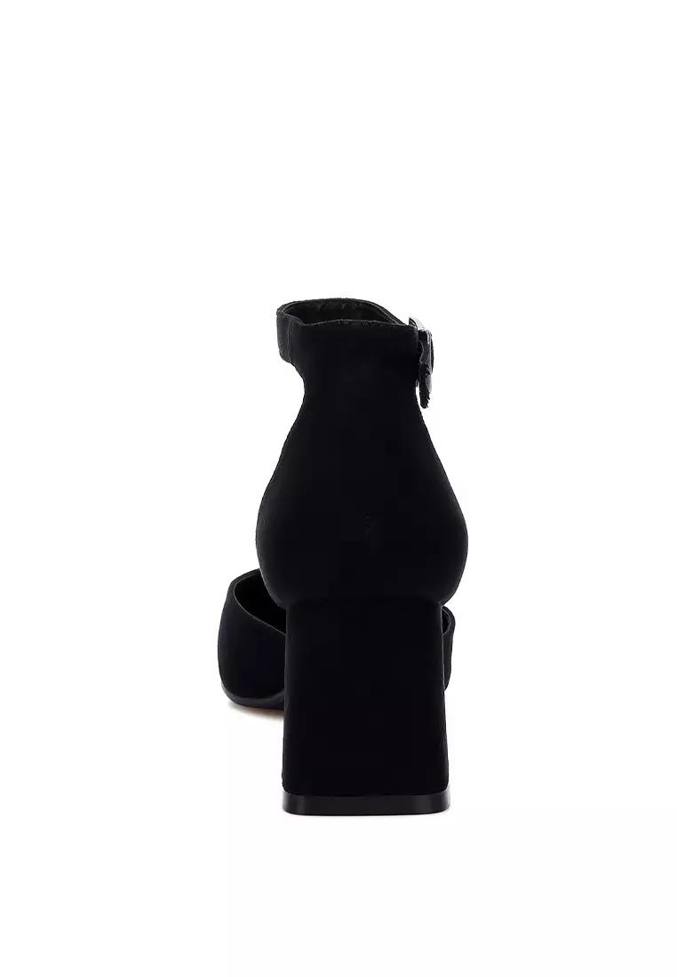 Microfiber Block Heel Sandals in Black