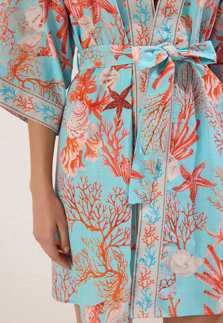 Underwater Patterned Mini Woven Stripe Accessory Flamed Cotton Beach Kimono&Caftan TBESS25KM00026