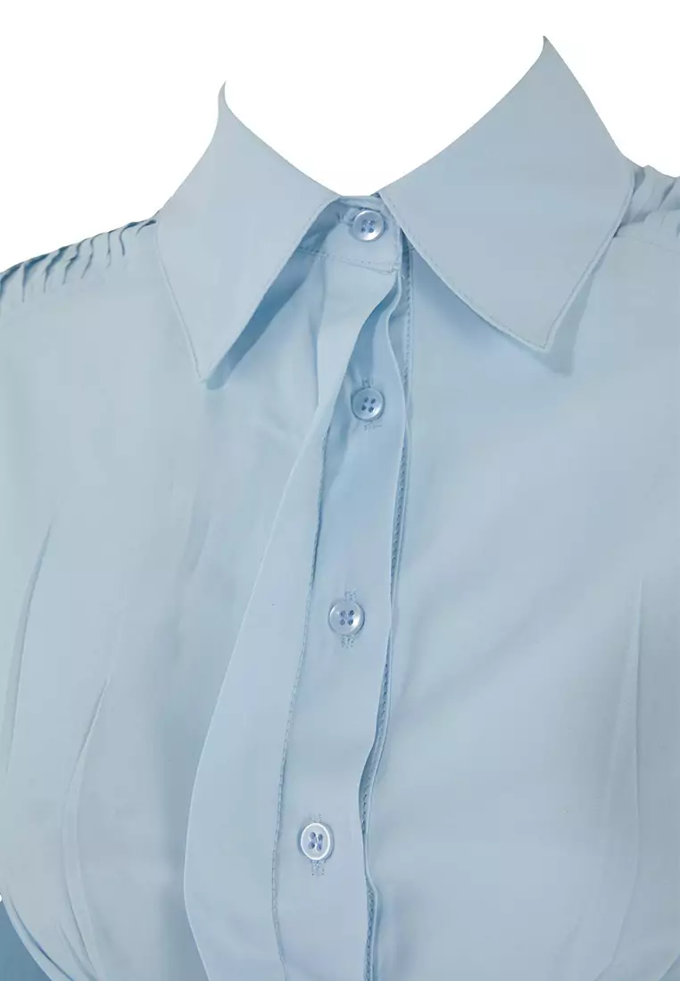 Light Blue Fitted Balloon Sleeve Fitted/Waist-Fitting Cotton Pack Shirts Tctss26Tg00015