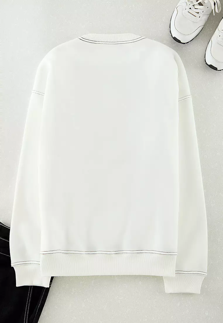 Ecru Fleece Oversize Sweatshirt - Crew Neck, Stitching Detail Tmnaw24Sw00011