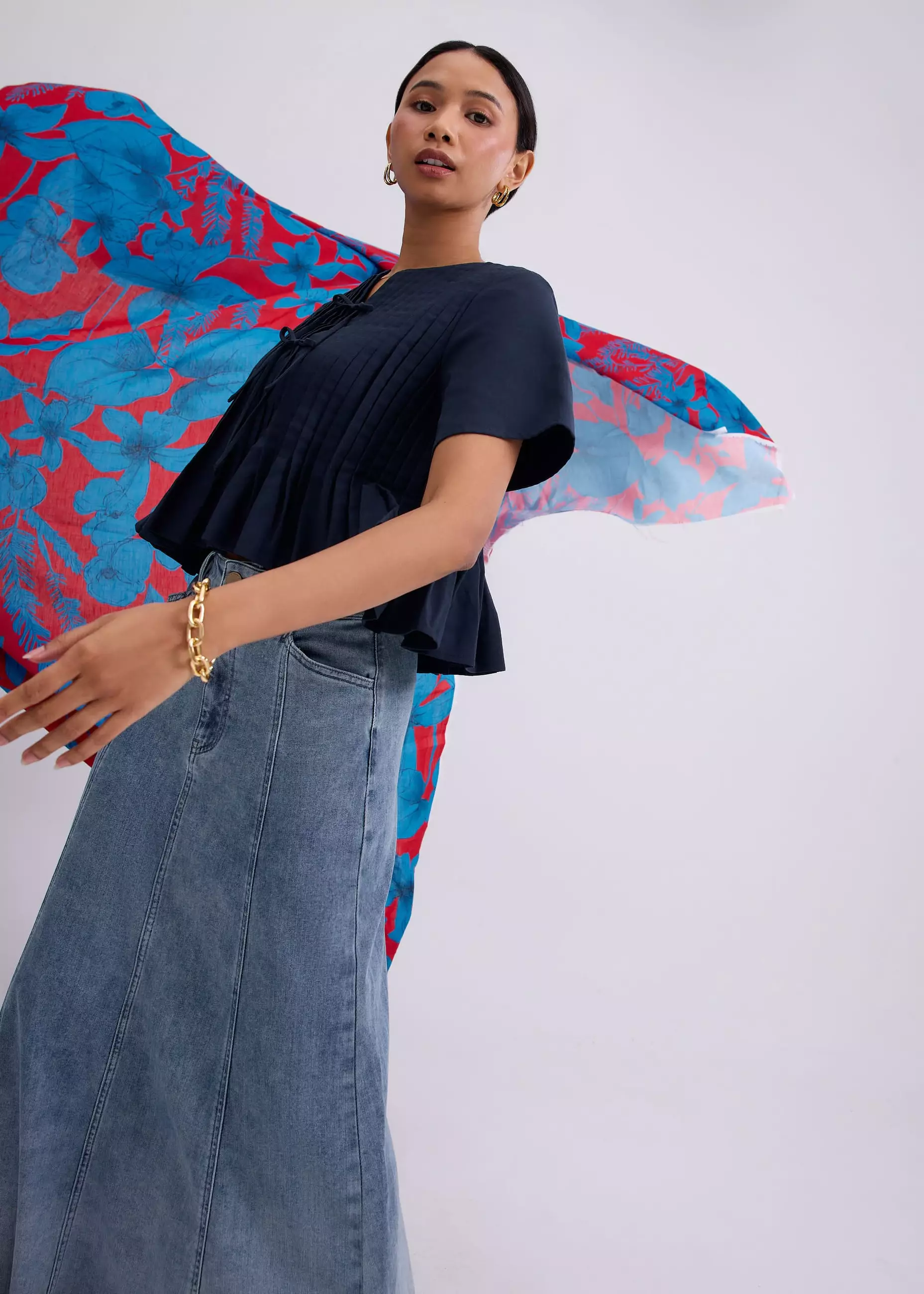 Atasan Wanita - Oxford Pintuck Notched Peplum Top