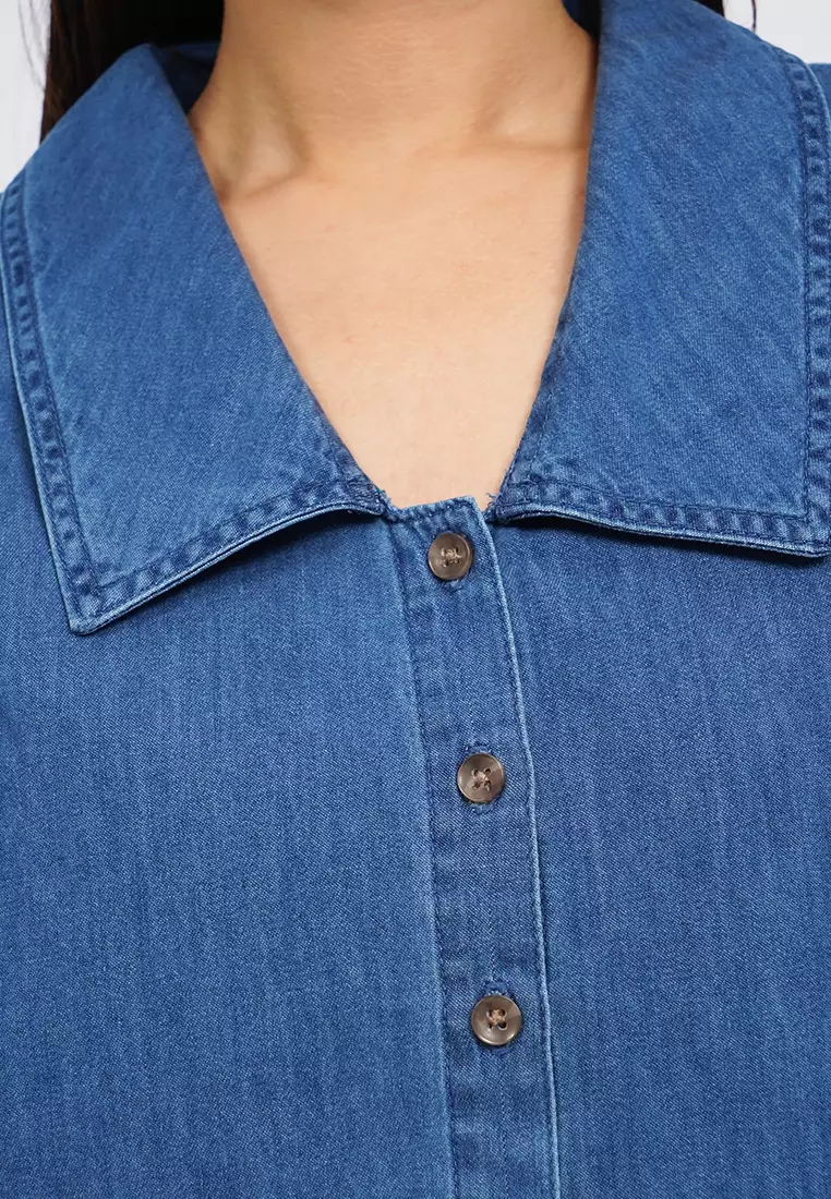 Puff Sleeves Chambray Blouse MED BLUE