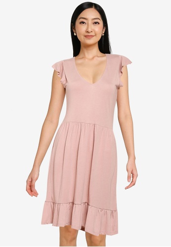 JACQUELINE DE YONG pink Ditte Short Sleeve V-Neck Dress 67645AA62FC709GS_1