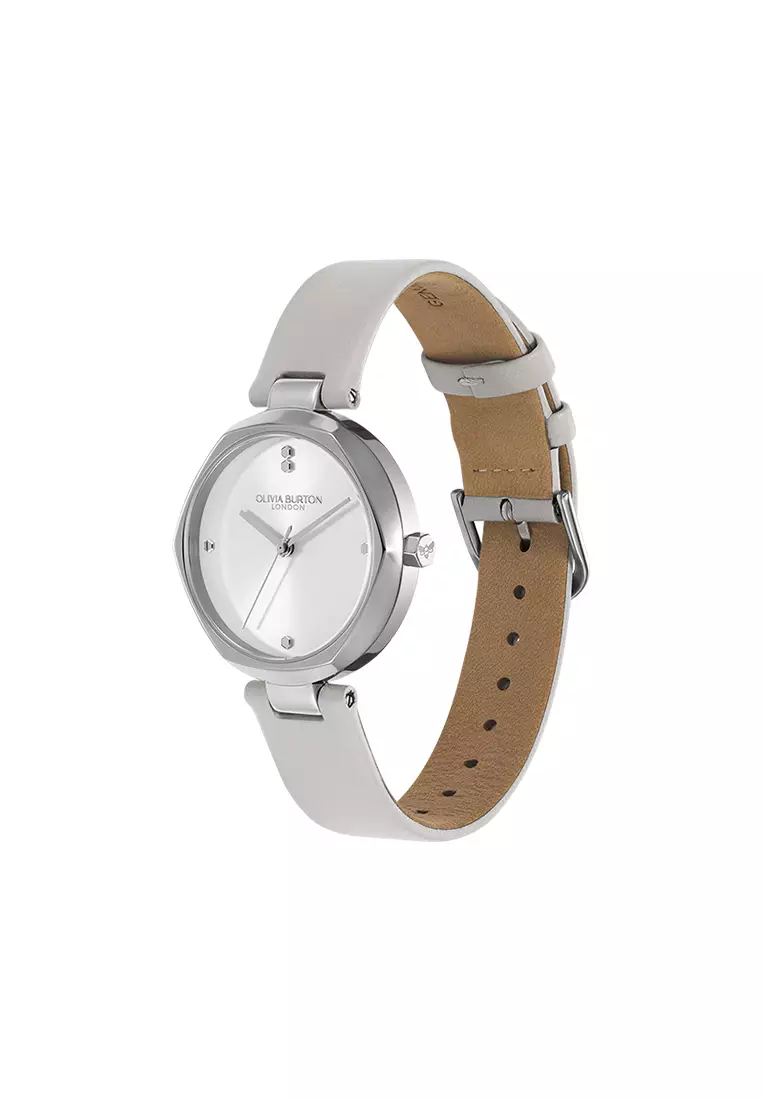 Olivia Burton Classic T-Bar Silver White Dial Earl Grey Leather Strap 32mm - 24000262