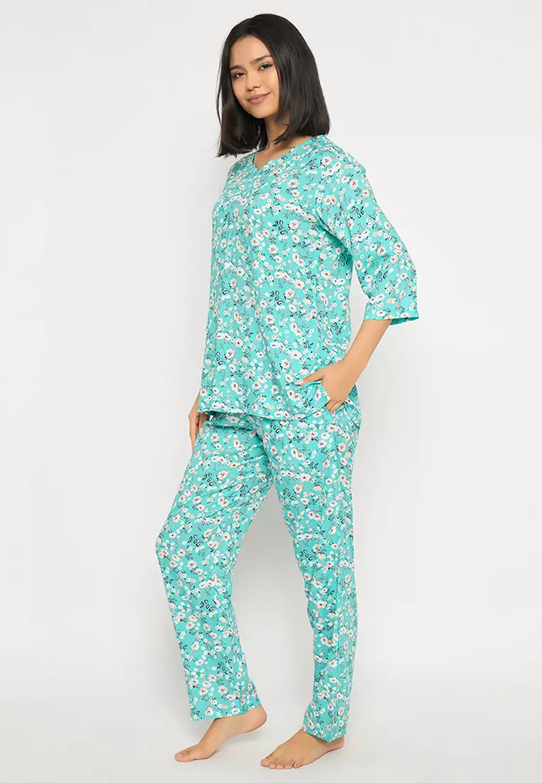 Clovia Floral Print Top & Pyjama Set in Sky Blue - Rayon