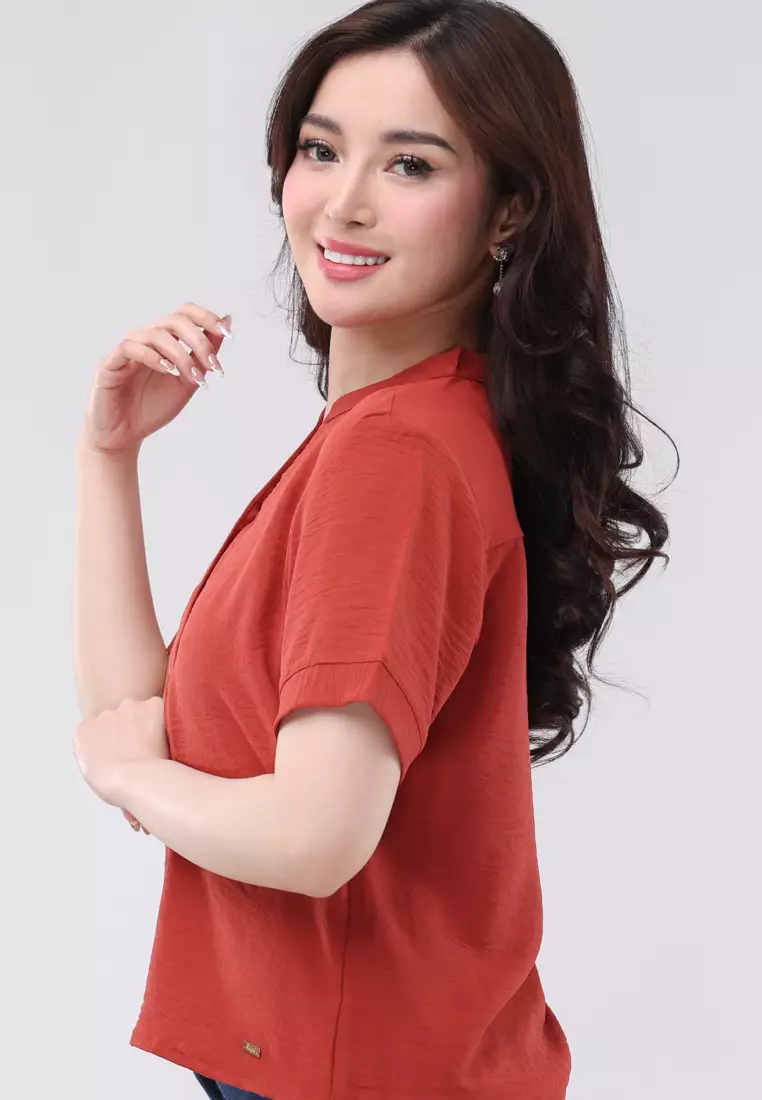 Linen Wrinkles Short Sleeves Chinese Collar Blouse