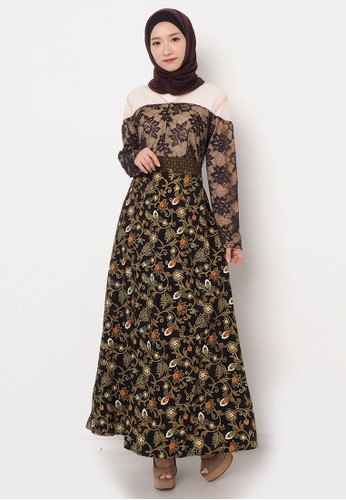 Jual SABAA Ghina batik  Combined Lace Maxi Dress in Brown 