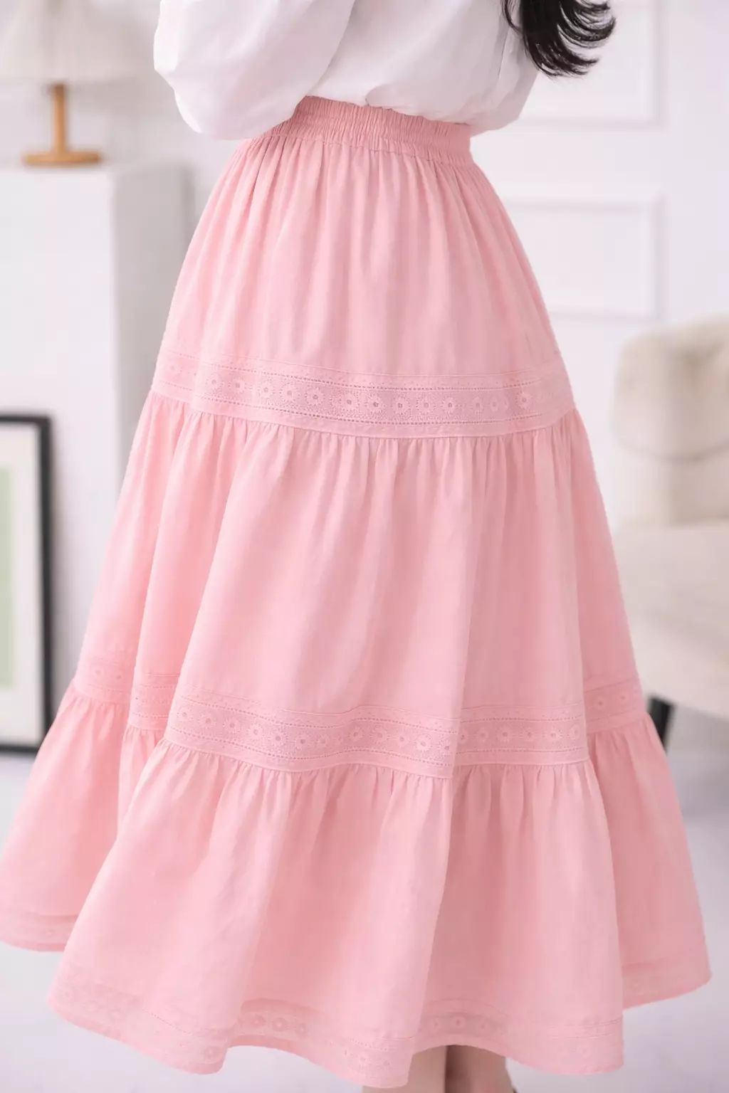 Yeseul Tiered Lace Maxi Skirt in Pink