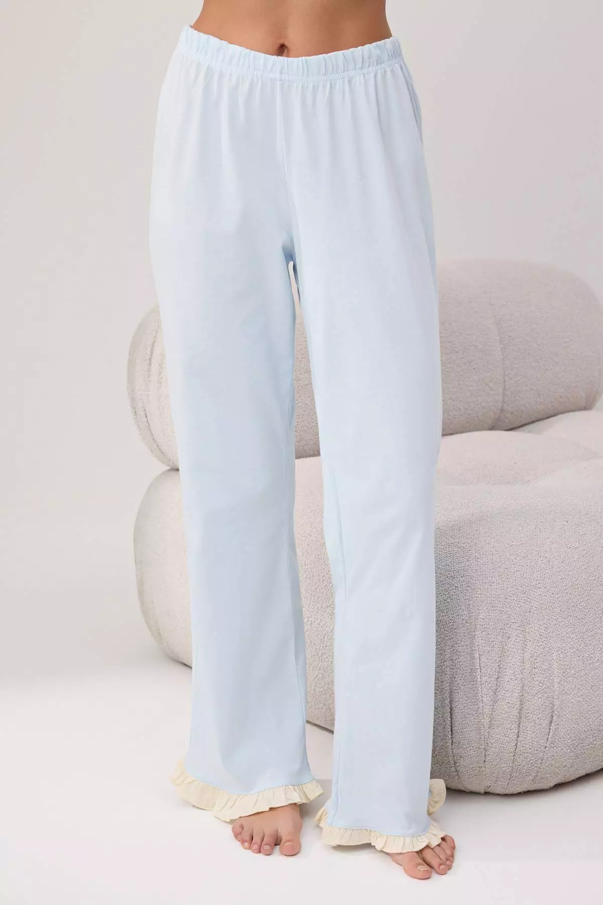 Ecru-Blue 100% Cotton Ruffle Detailed Knitted Pajama Set Thmss24Pt00223