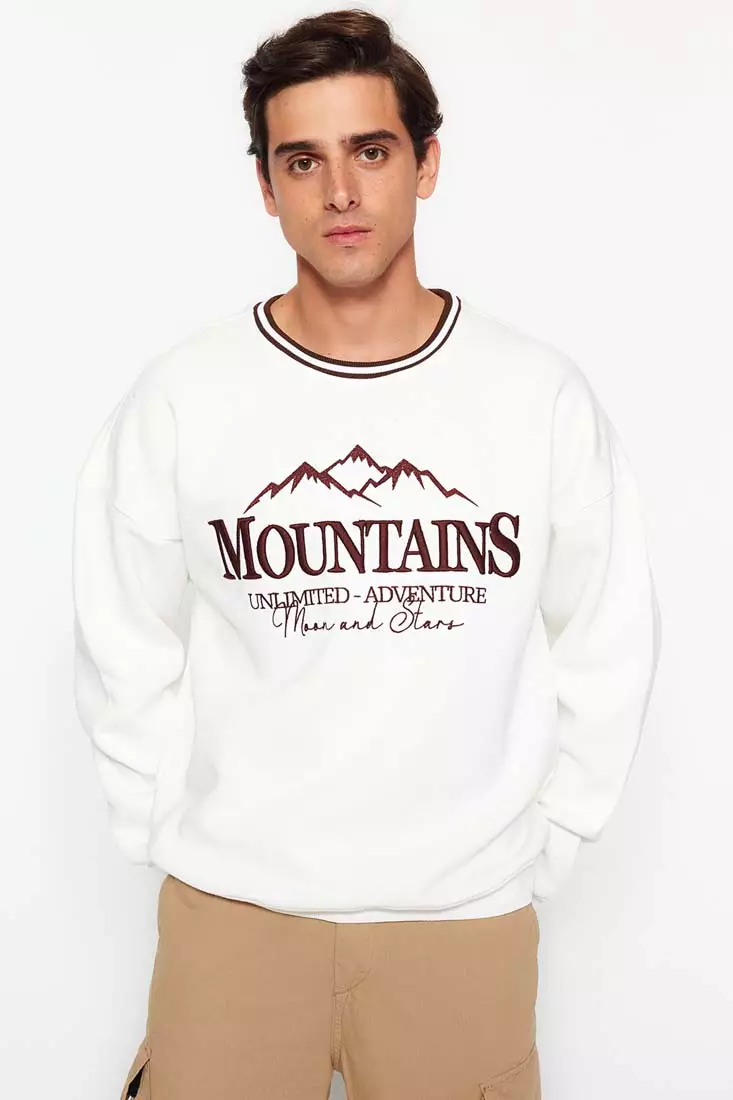 Stripe Neckline with Embroidered Text, Fleece Inside Sweatshirt