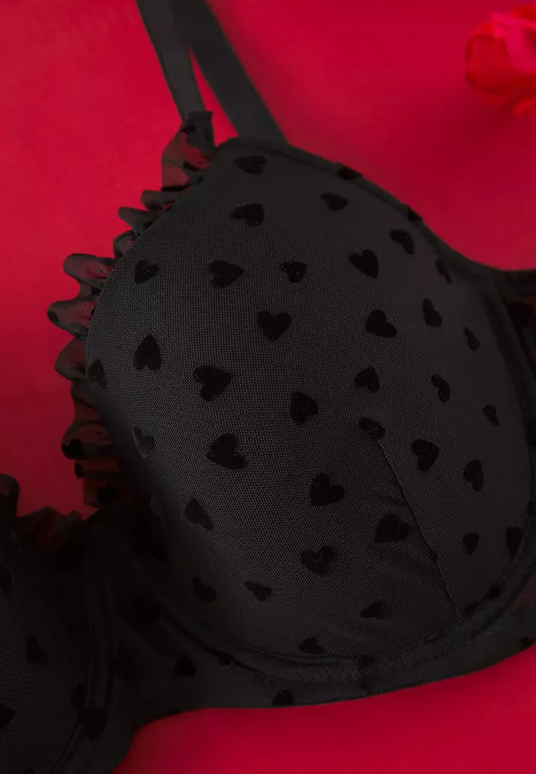 Black Flock Printed Heart Fixed Cup Adjustable Straps Plus Size Bra TBBSS25CW00011
