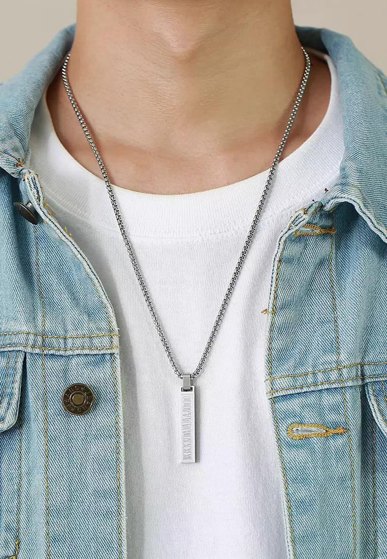 Titanium Steel Rectangular Bar Roman Numerals Pendant Necklace JW QX-1490