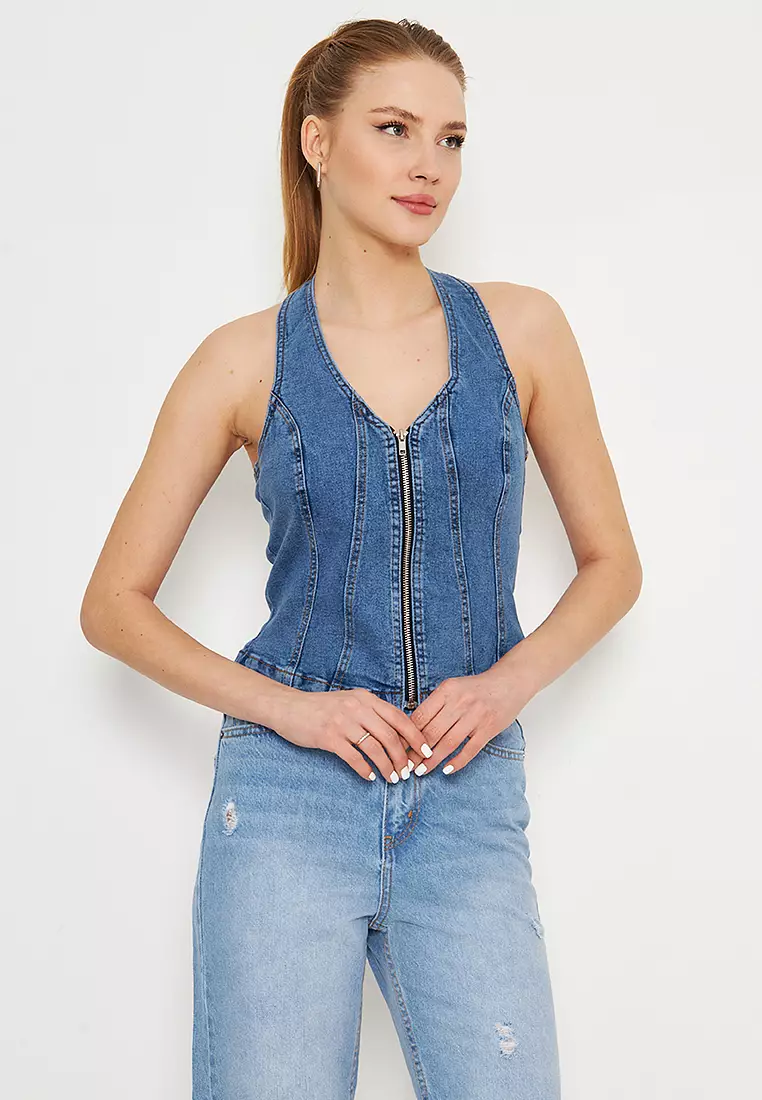 Light Blue Front Zippered Halter Neck Fitted Denim Blouse