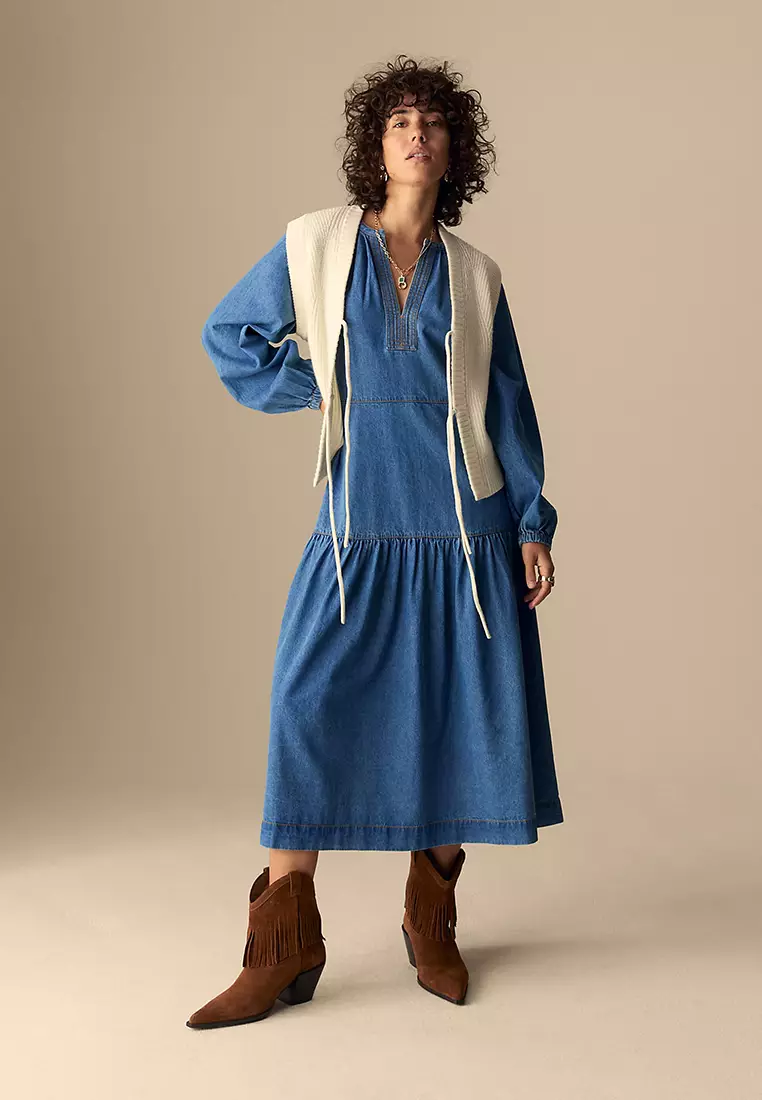 Denim V-Neck Midi Tiered Waisted Dress