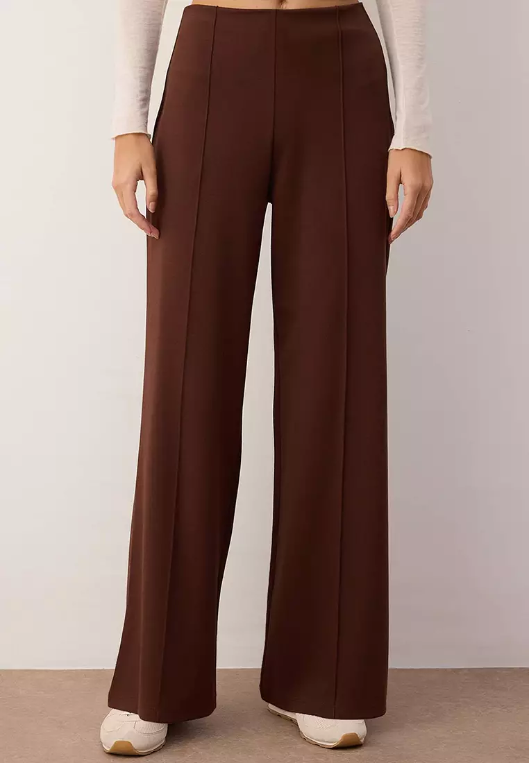 Brown Interlock Wide/Leg Wide Cut Stretch Knit Ribbed Trousers