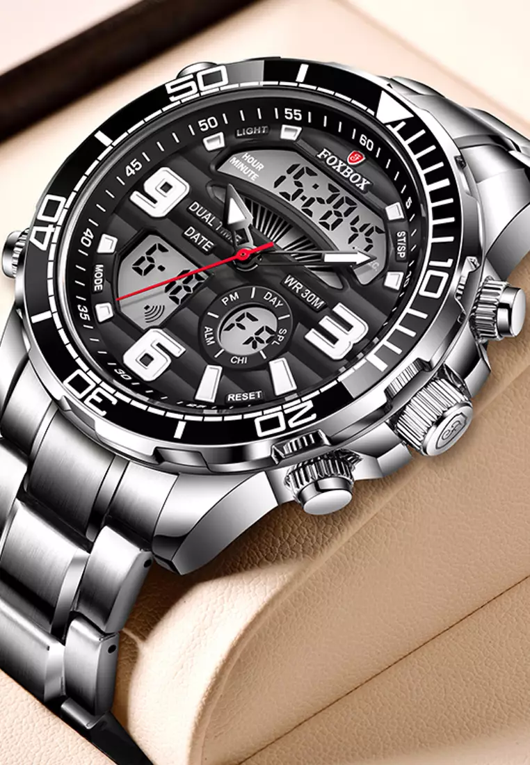 FOXBOX Unisex Stainless Steel Diver's Analogue/Digital Quartz Watch, Black Dial, Stainless Steel Bracelet, 30m Water Resistant