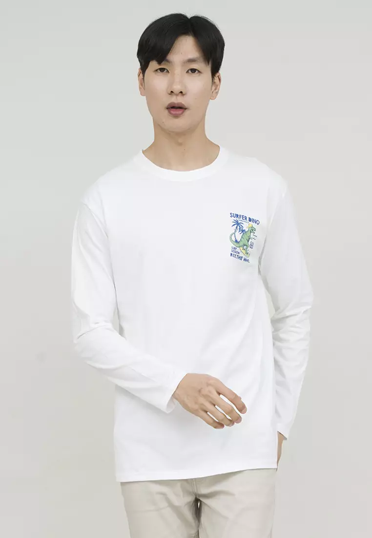 Kaos cotton combed lengan panjang pria putih houseofcuff surfer dino