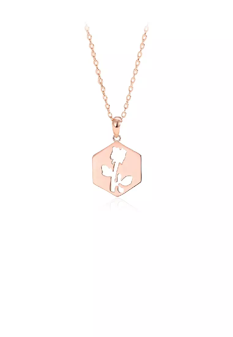 925 Sterling Silver Plated Rose Gold Hollow Rose Geometric Pendant with Necklace