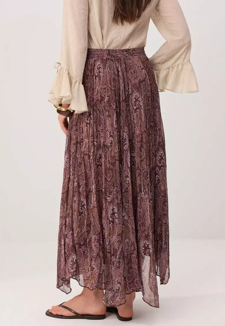 Brown Chiffon Pleated Lined Ethnic Patterned Maxi Skirt Tctss26Ee00007