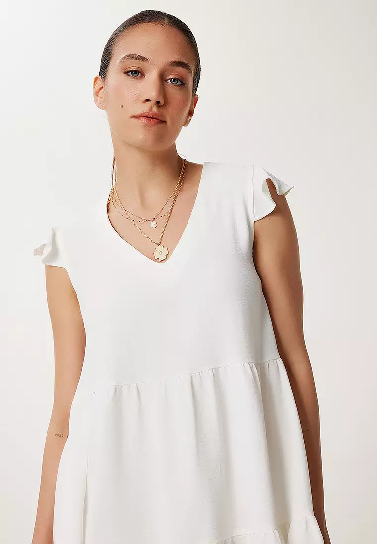 V Neck Flared Textured Mini Knitted Dress